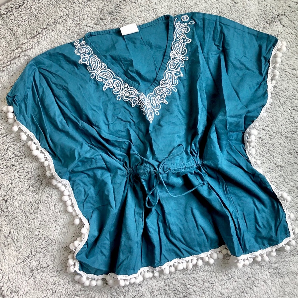 Teal Embroidered Pom Pom Swim Coverup worn once